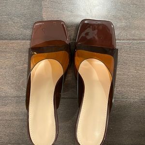 Brown perpex stiletto mules sandals heels size 38